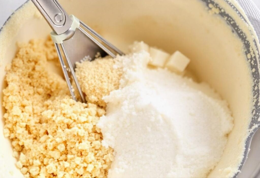 A bowl of hot cake mix with ingredients like flour, sugar, and baking powder on a wooden kitchen countertop