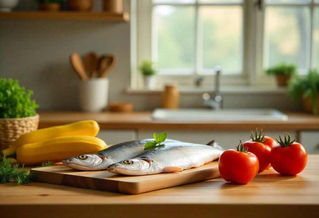 Fresh ingredients for homemade fish food on a kitchen counter.