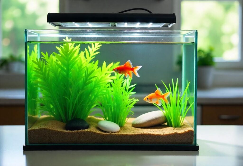 Feeding fish in an aquarium with homemade food.