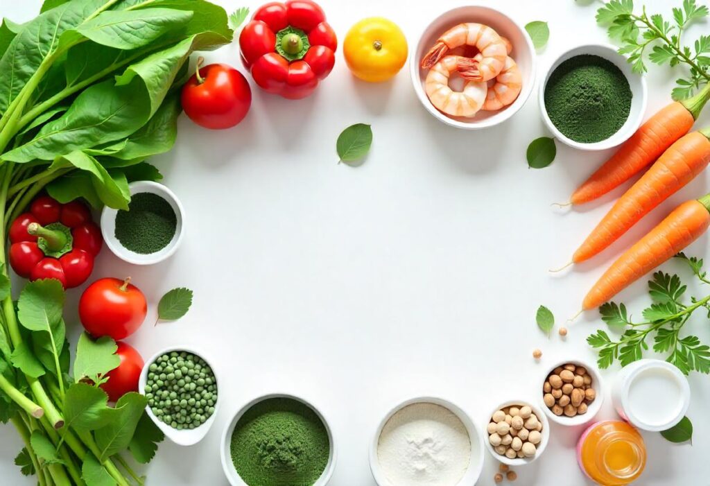 Fresh ingredients like spinach, shrimp, carrots, and spirulina powder arranged on a kitchen counter with a blender and ice cube tray, ready for a homemade fish food recipe.