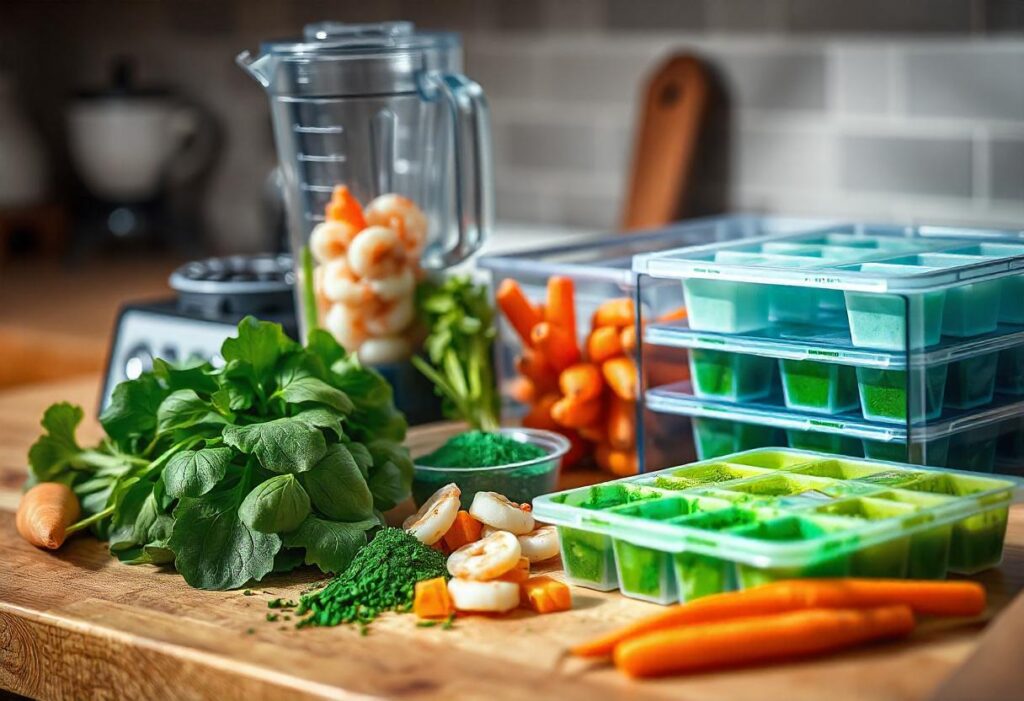 Fresh ingredients like spinach, shrimp, carrots, and spirulina powder arranged on a kitchen counter with a blender and ice cube tray, ready for a homemade fish food recipe