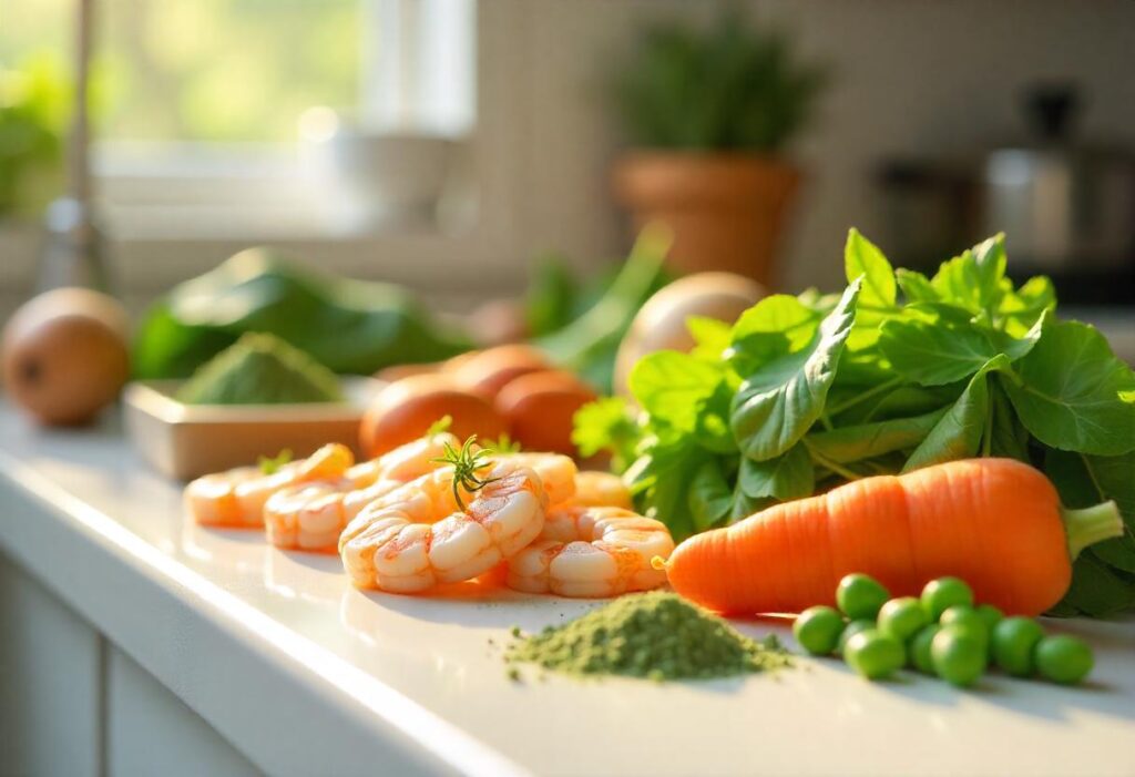 A vibrant spread of homemade fish food ingredients.