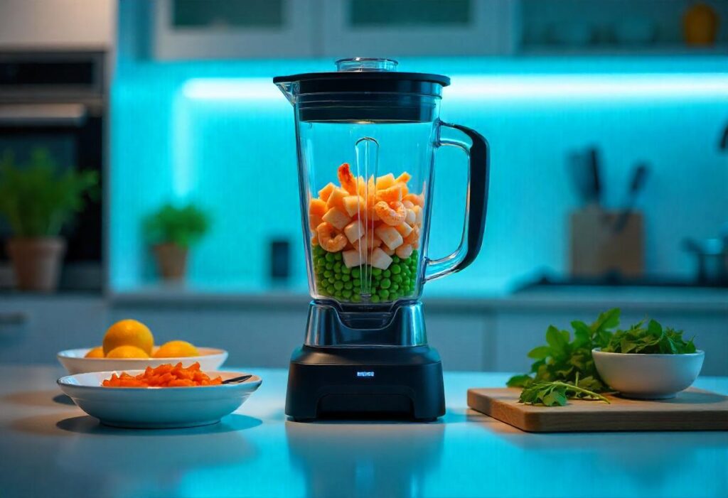 Preparing ingredients for homemade fish food in a blender.
