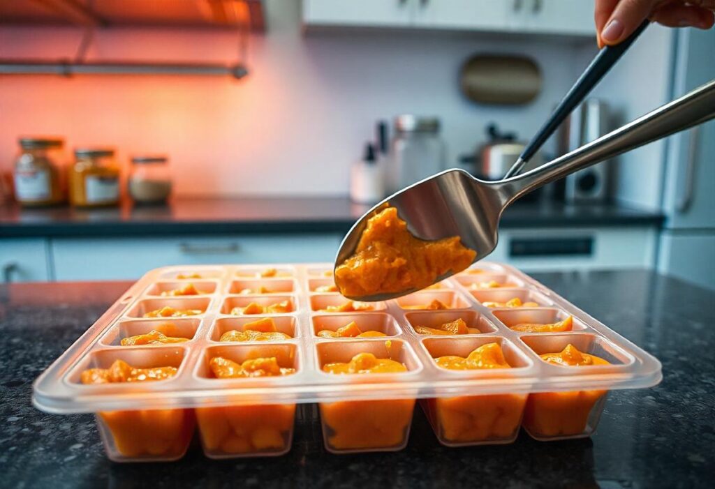 Portioning homemade fish food cubes into ice trays.
