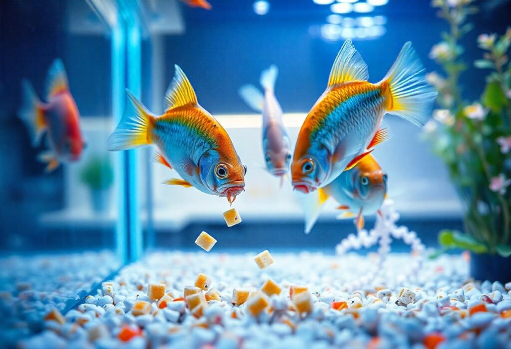 Feeding homemade fish food in an aquarium