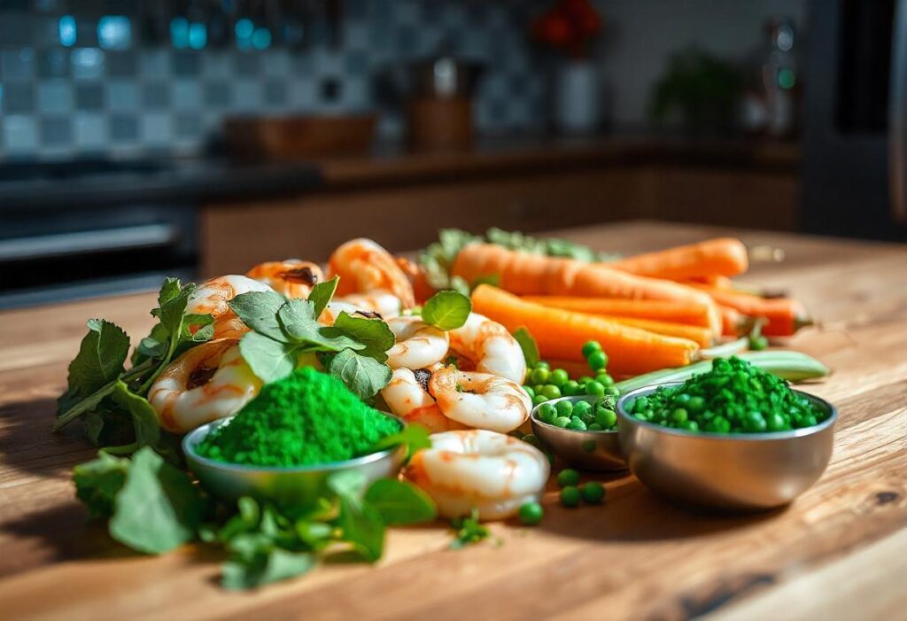 Ingredients for homemade fish feed on a kitchen countertop