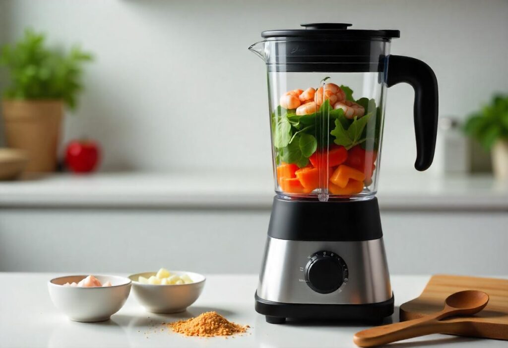 Blending ingredients for homemade fish feed in a modern kitchen.
