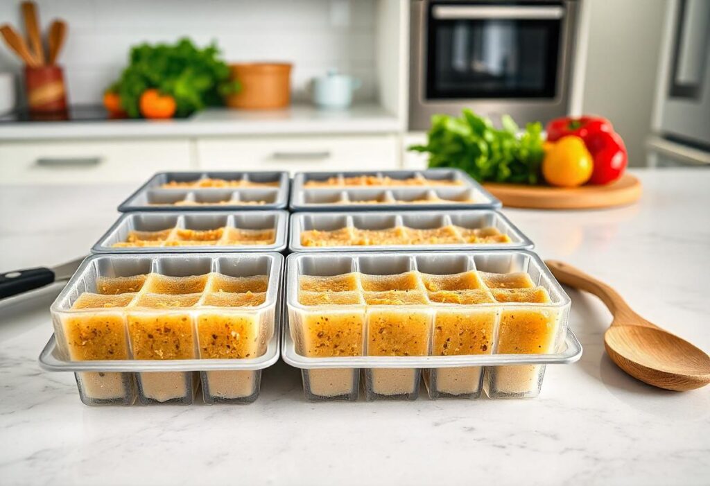 Ice cube trays filled with freshly prepared homemade fish feed