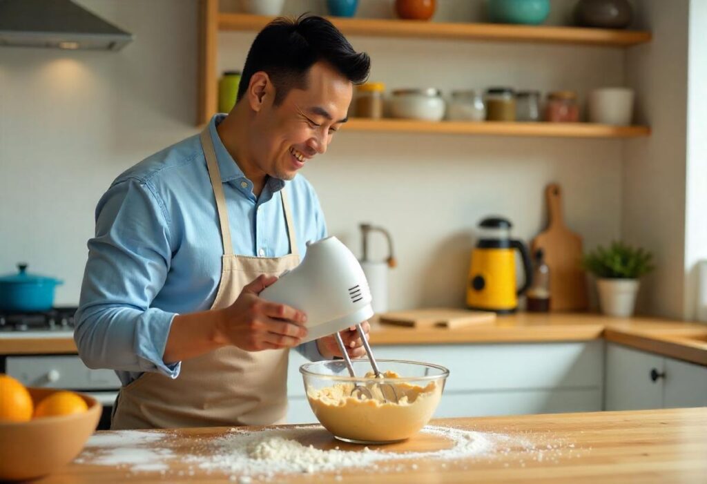 Mixing cookie dough with a hand mixer in a modern kitchen.

