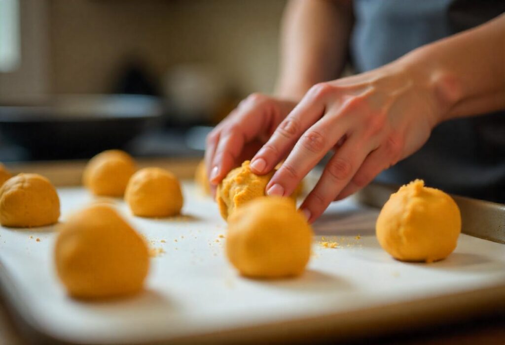 Shaping cookie dough into balls and placing them on a baking sheet.

