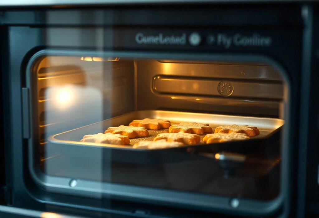 Cookies baking in a modern kitchen oven.

