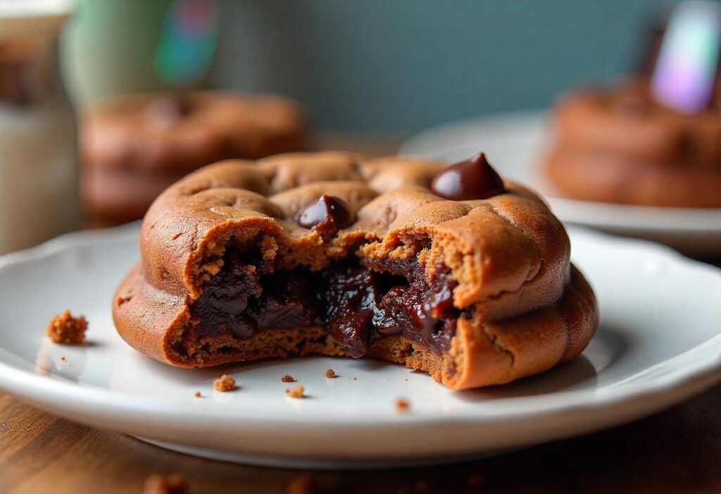 A crookie on a plate, showing layers of gooey cookie and brownie.

