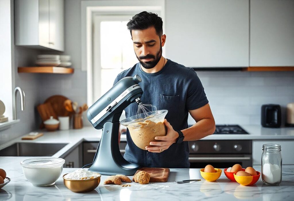 Mixing cookie dough in a modern kitchen with an electric mixer.

