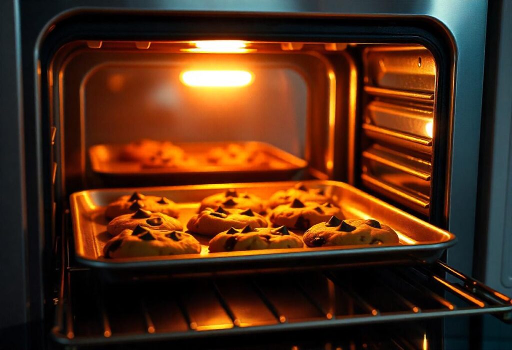 Crookies baking in a modern kitchen oven with visible layers.

