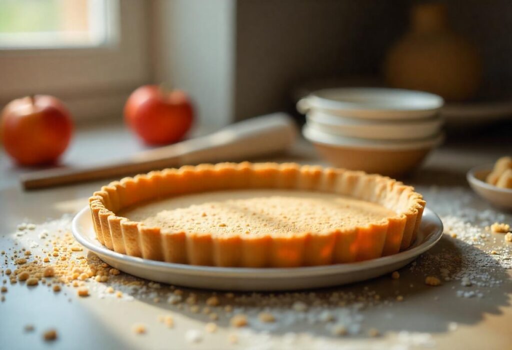 Hands pressing graham cracker crust into a springform pan on a marble countertop in a modern kitchen.