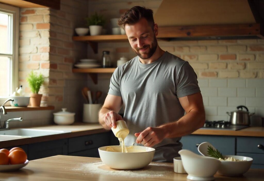 Mixing cheesecake filling in a glass bowl with an electric mixer in a sleek kitchen