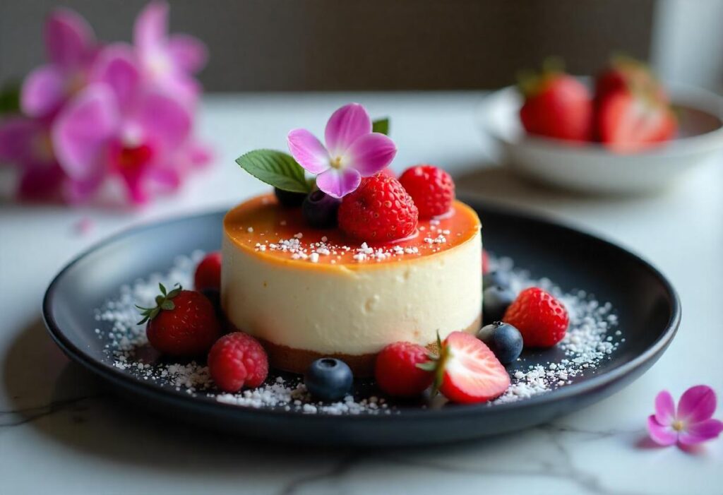 A person garnishing a vegan cheesecake with fresh berries and edible flowers in a contemporary kitchen.