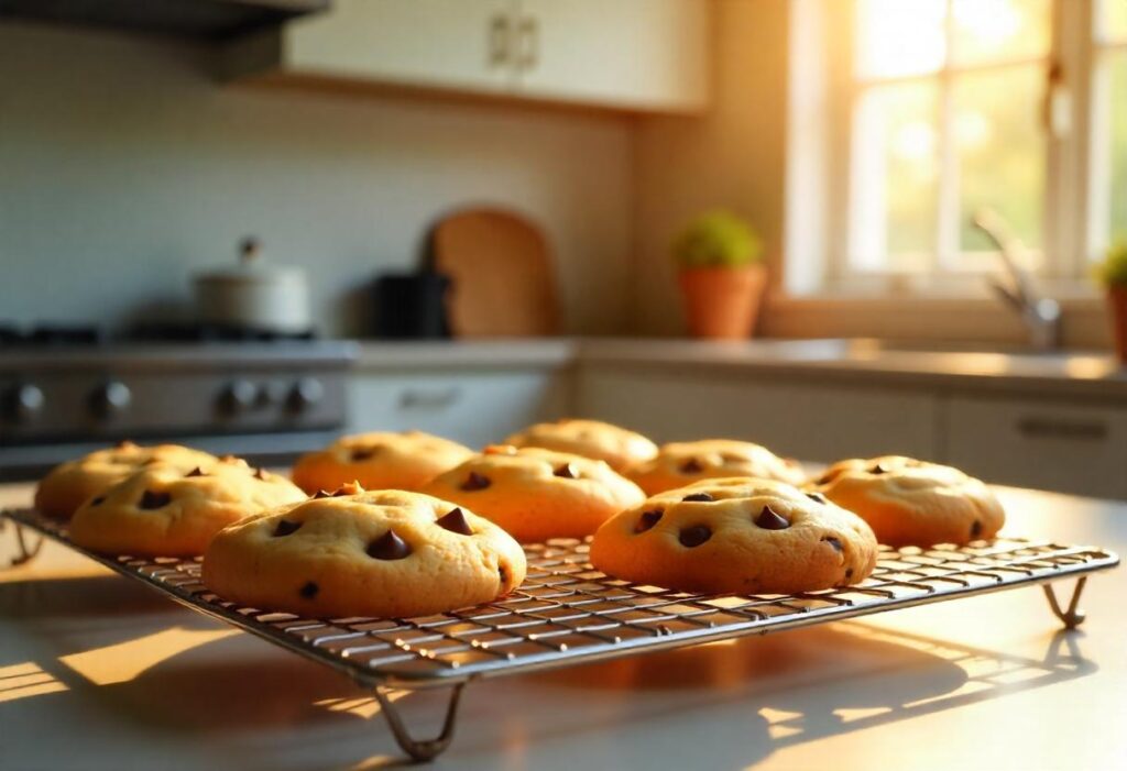 Freshly baked cookies on a cooling rack in a modern kitchen