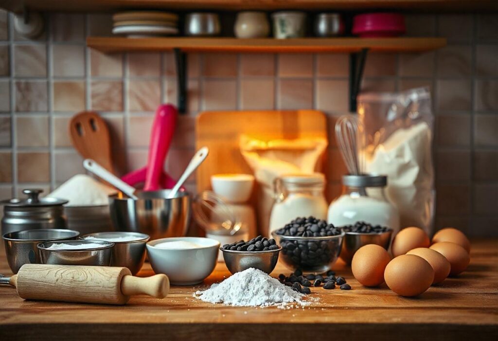 aking tools and measured ingredients arranged on a kitchen counter