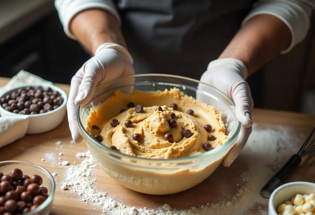 Hands mixing cookie dough in a large bowl using a wooden spoon.