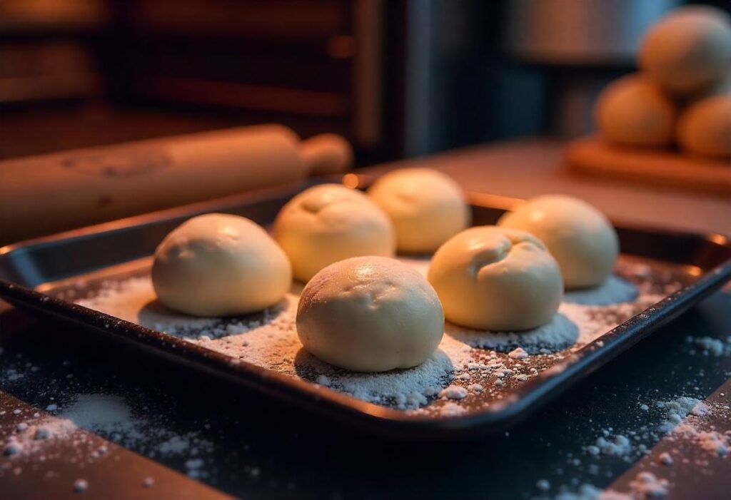 Cookie dough being portioned onto a baking sheet with a scoop