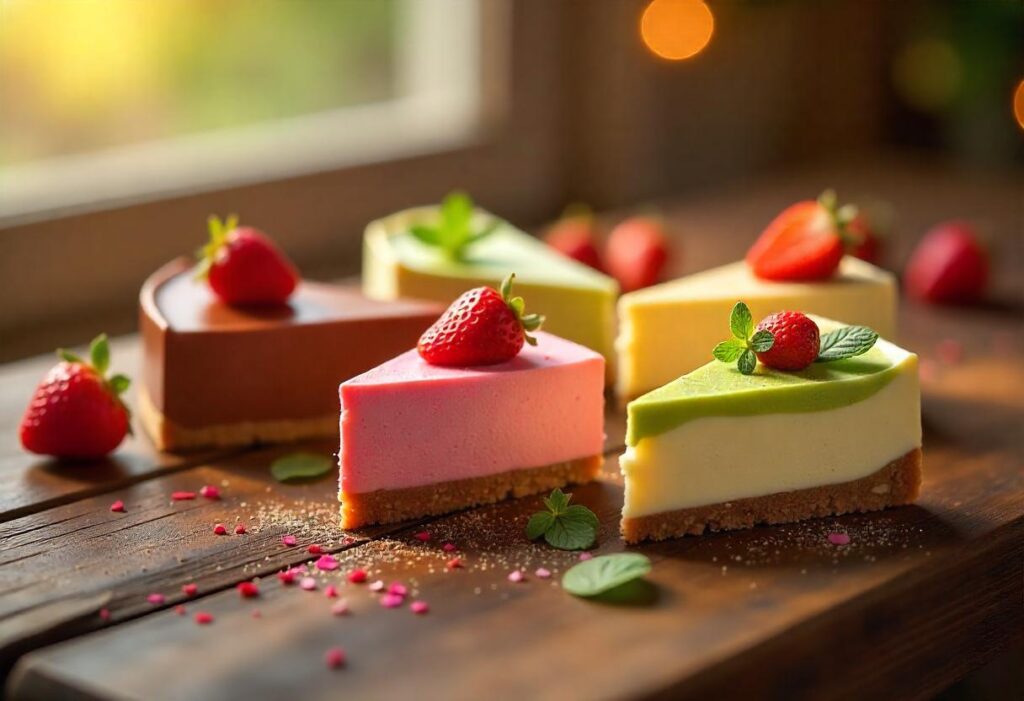 A platter of assorted cheesecake slices showcasing various flavours.
