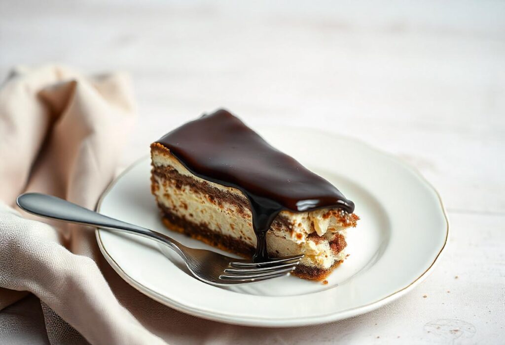 A rich chocolate cheesecake slice with ganache topping.
