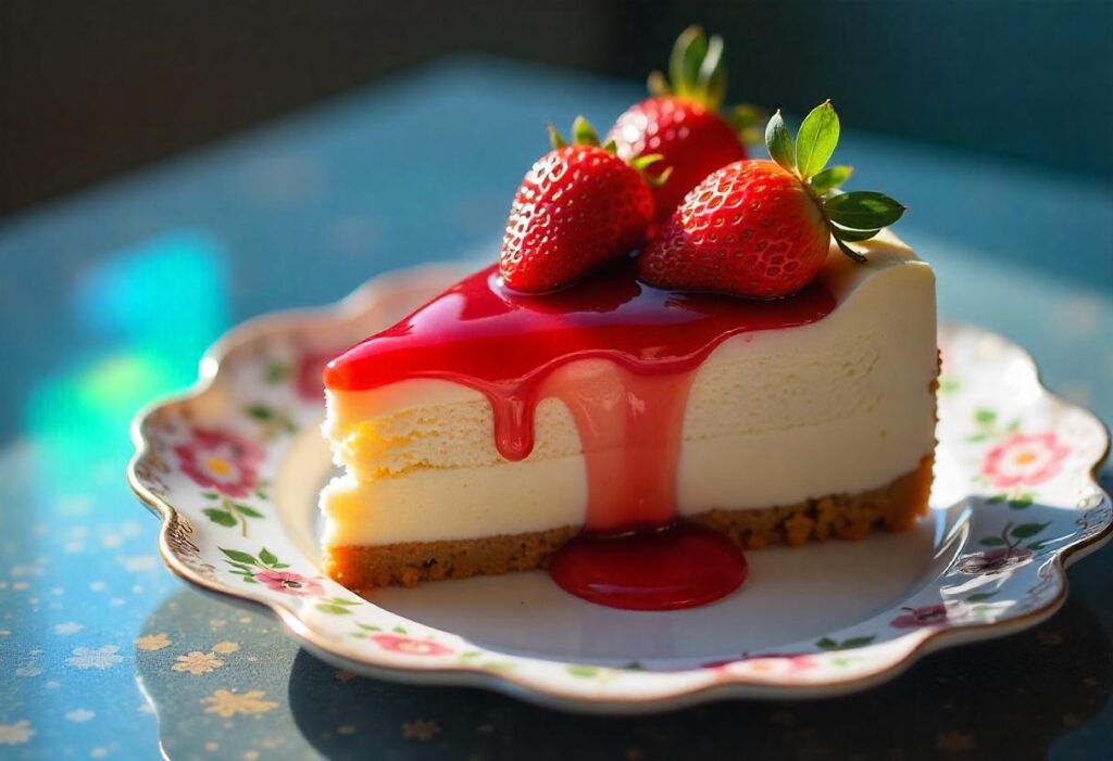 Strawberry cheesecake with fresh strawberries and glaze.
