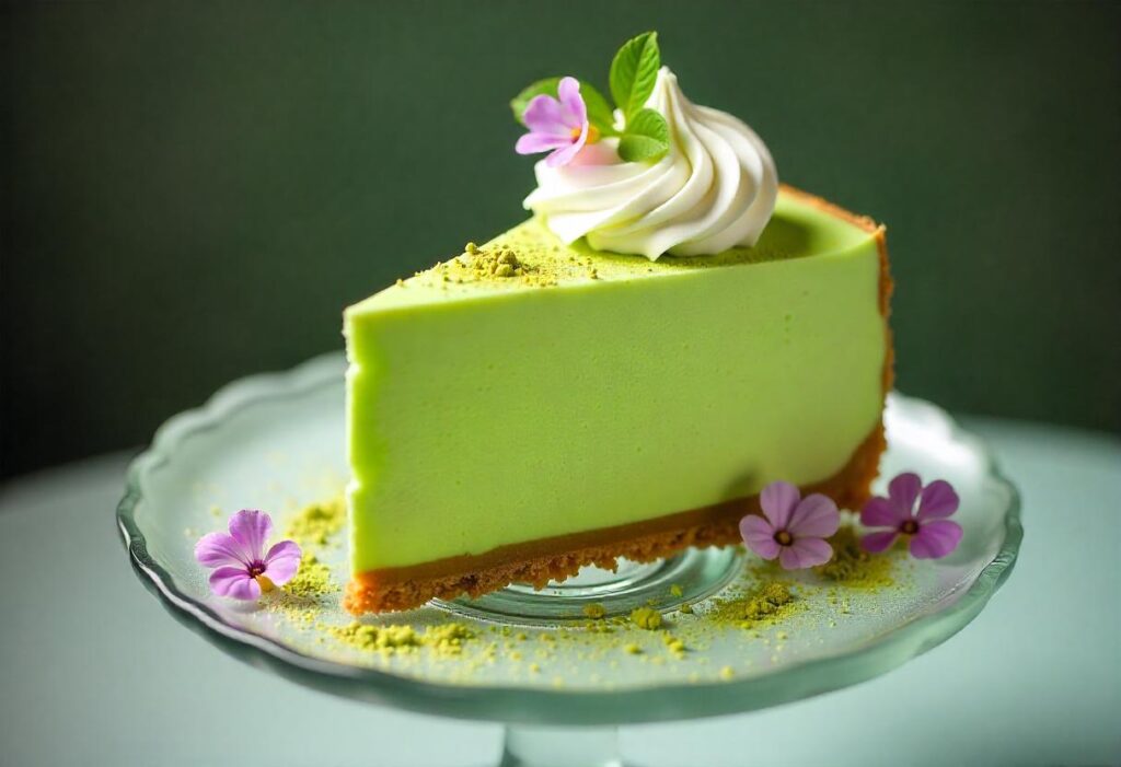 Matcha cheesecake topped with whipped cream and matcha powder