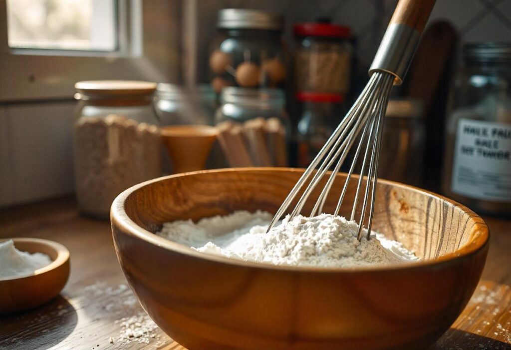 A person whisking flour, sugar, and baking powder in a glass mixing bowl in a modern kitchen.