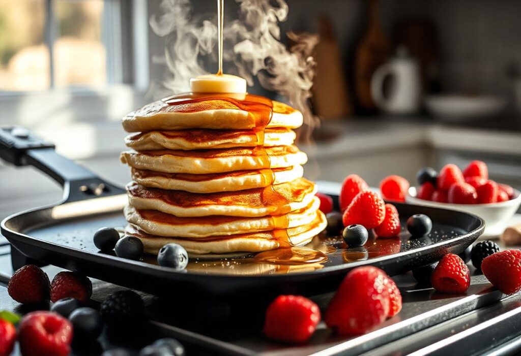 Golden brown hotcakes cooking on a nonstick griddle in a bright modern kitchen