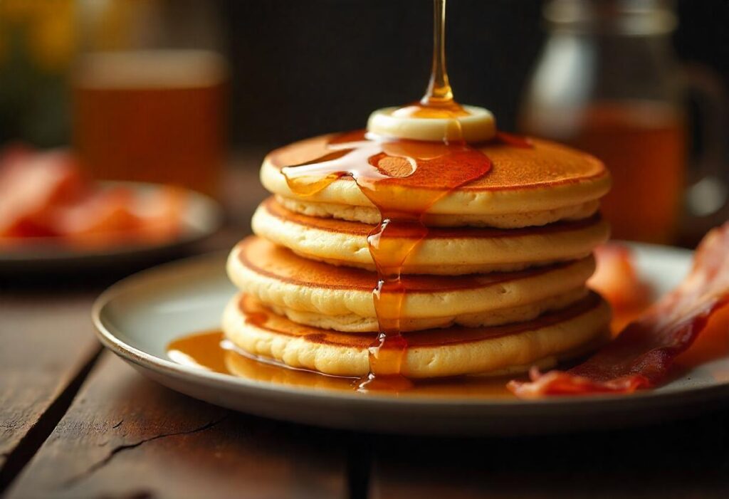 A stack of pancakes and hotcakes side by side on a wooden table