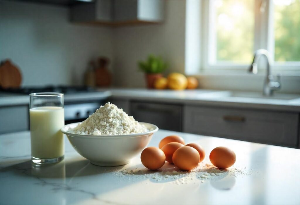 Flour, eggs, sugar, baking powder, and milk arranged on a modern kitchen countertop