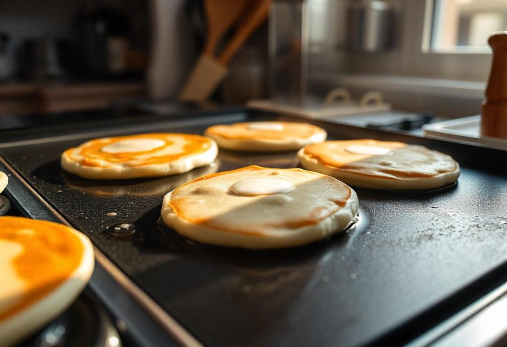 Thin pancake batter cooking evenly on a griddle, with bubbles forming on the surface.