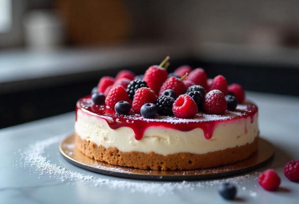 Delicious blackberry cheesecake topped with fresh berries and sauce