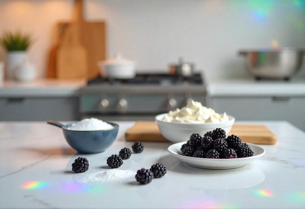 Fresh ingredients for making a blackberry cheesecake in a modern kitchen