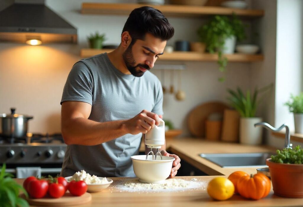 Mixing the creamy cheesecake filling with a hand mixer in a modern kitchen