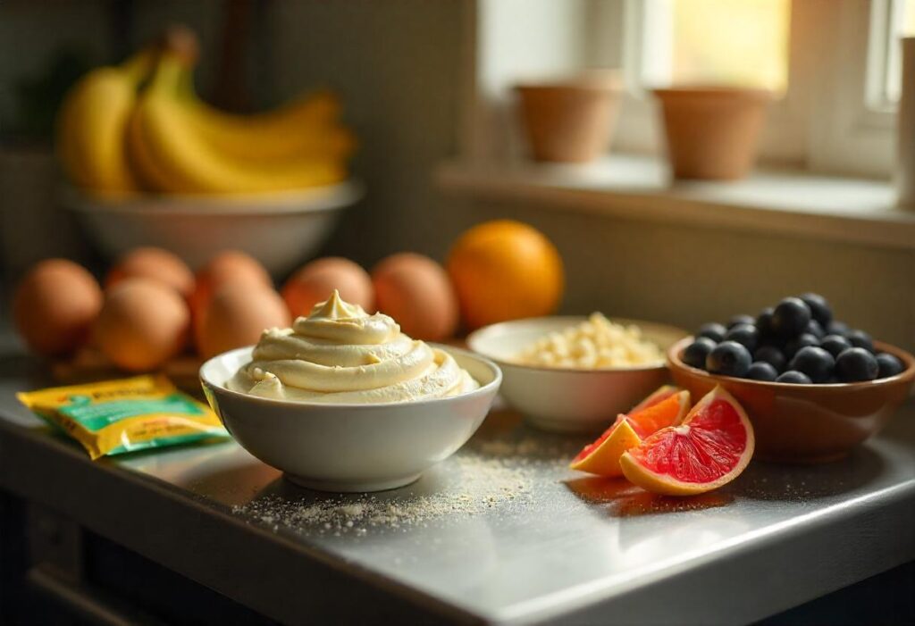 Ingredients for cheesecake placed on a modern kitchen counter, including gelatin and fresh fruit