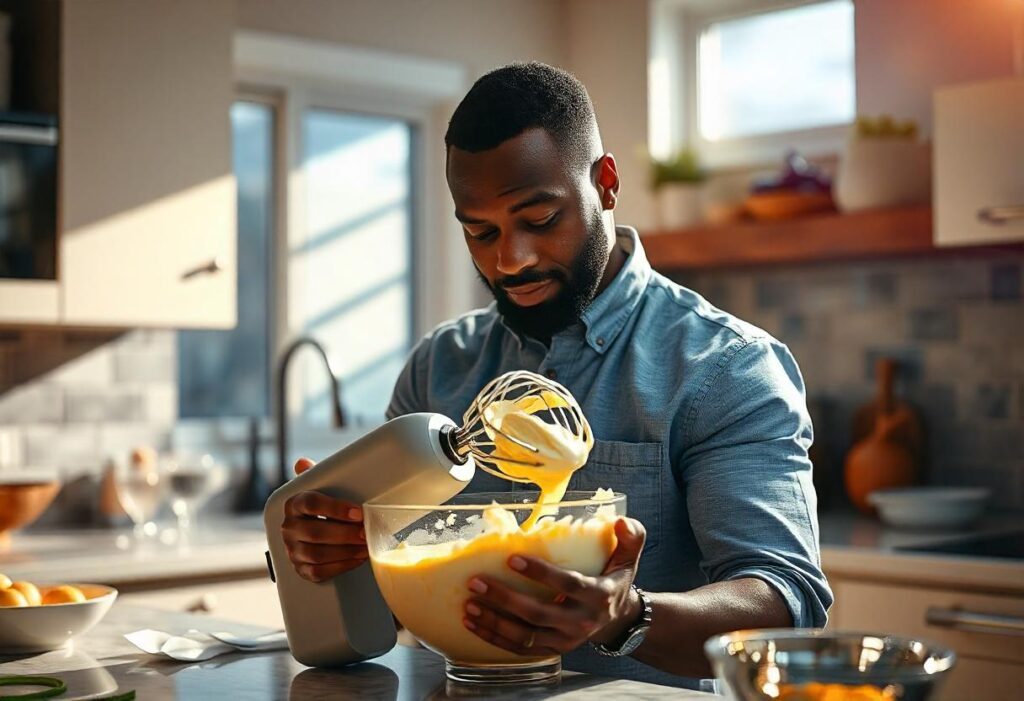 Mixing cheesecake filling with a hand mixer in a modern kitchen