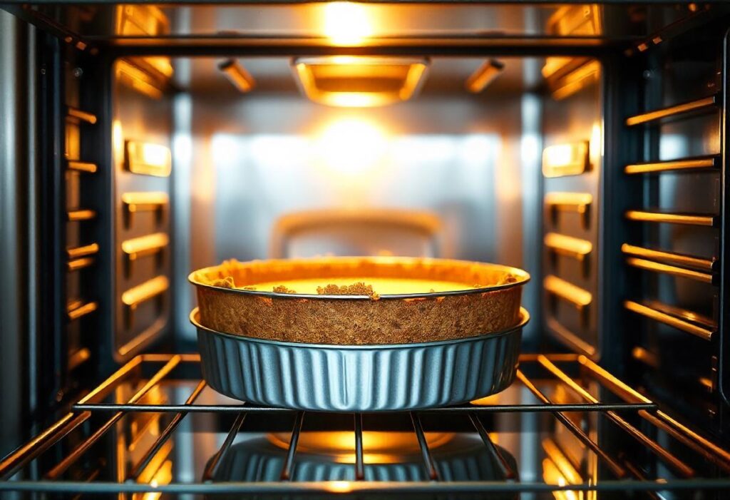 Placing cheesecake into the oven for baking in a modern kitchen