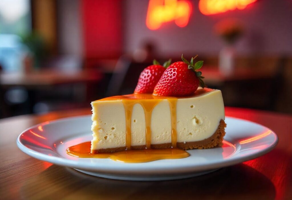 A delicious slice of cheesecake on a plate with a fork beside it.