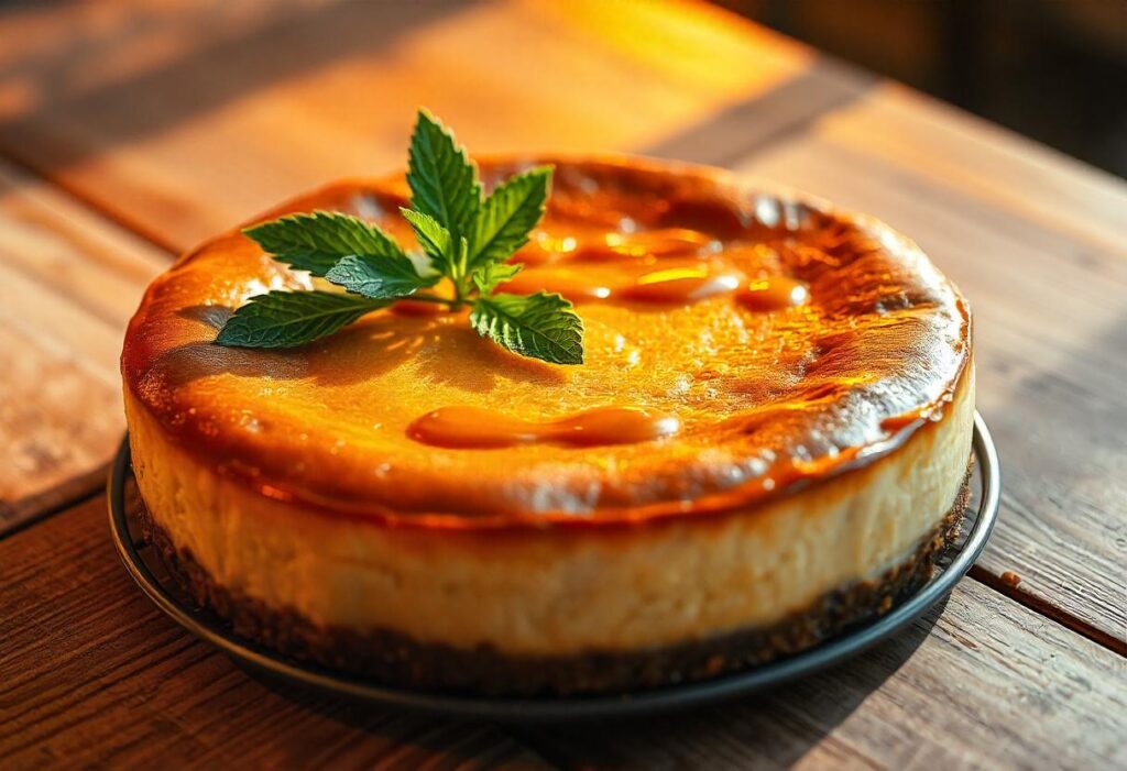 A freshly baked cheesecake cooling on a wire rack in a modern kitchen.