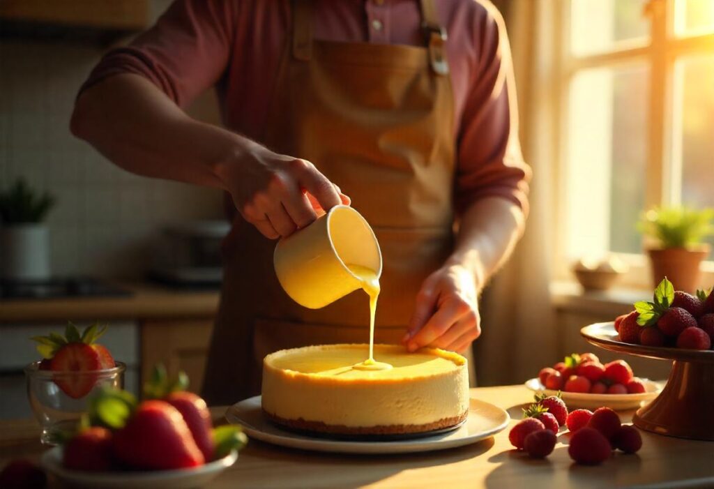 A chef’s hands preparing a no-bake cheesecake with a whipped cream topping in a modern kitchen.