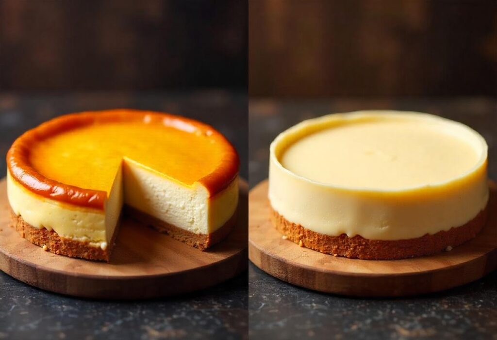 A baked cheesecake and a no-bake cheesecake side by side on a countertop.