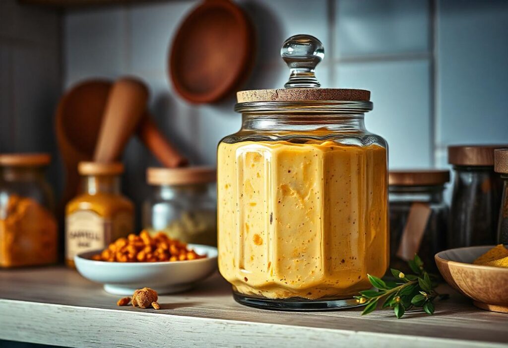 Airtight glass containers filled with freshly made smoked queso on a kitchen countertop