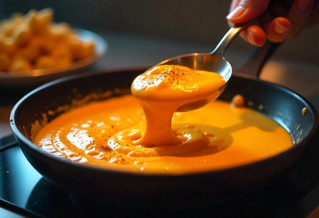 A saucepan of smoked queso being stirred gently over low heat in a modern kitchen