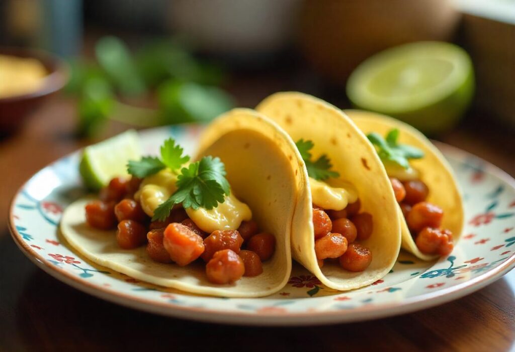 Tacos drizzled with smoked queso, served with fresh cilantro and lime slices on a plate