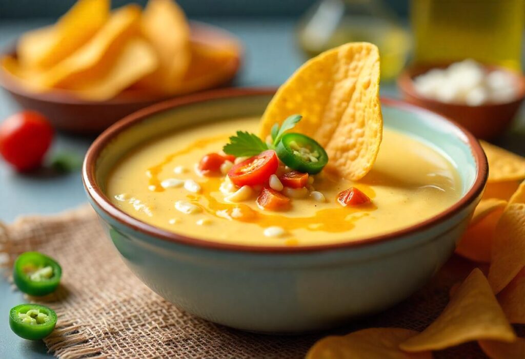 A bowl of queso and a bowl of cheese dip side by side, surrounded by tortilla chips and fresh ingredients.