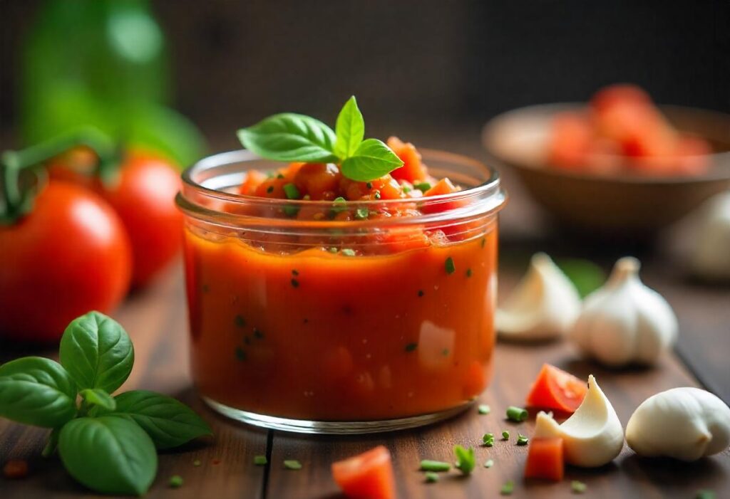 A bowl of burger bowl sauce with fresh herbs and ingredients surrounding it