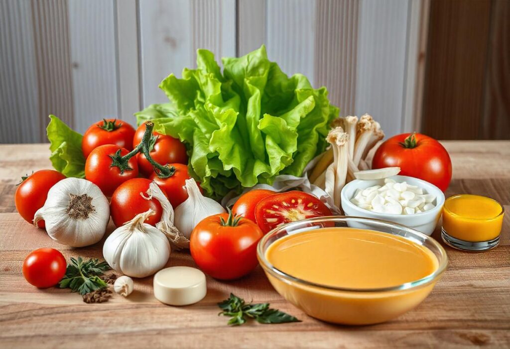 Ingredients for burger bowl sauce, including mayonnaise, mustard, ketchup, garlic, and fresh herbs on a kitchen countertop